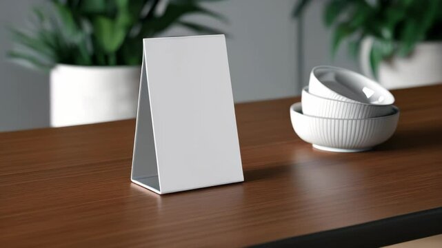 Mock up Label the blank menu frame in Bar restaurant ,Stand for booklets with white sheets paper acrylic tent card on wooden table cafeteria blurred background can inserting the text of the customer
