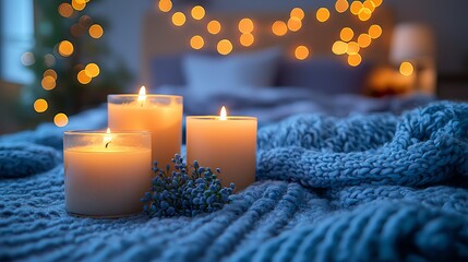 Cozy candles on soft textile with warm glow.