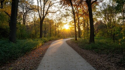 Naklejka premium Enchanting Forest Path at Sunset