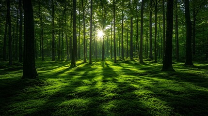 Obraz premium Serene Sunlit Forest with Dappled Lighting Creating a Magical Minimalist Atmosphere