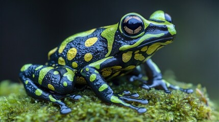 Obraz premium A vibrantly colored poison dart frog with black, green, and yellow markings sits on a bed of moss.