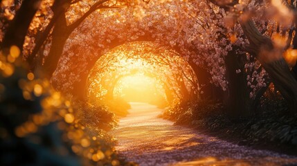 Fototapeta premium Beautiful Sakura Tunnel in Soft Golden Light