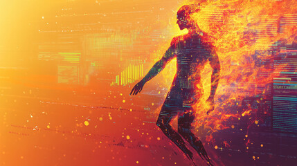 Obraz premium An abstract representation of a human figure engulfed in fiery colors, with digital screens in the background displaying rising temperature charts and climate crisis statistics, Generative AI