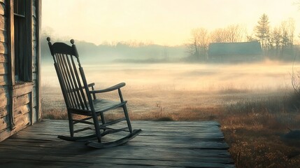 A rocking chair sits on a porch overlooking a foggy field, inviting quiet contemplation.
