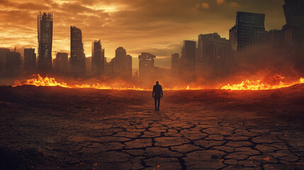 Fototapeta premium A dystopian landscape with a lone human figure walking through a barren, cracked earth, flames flickering around them, set against a backdrop of futuristic, decaying architecture, Generative AI