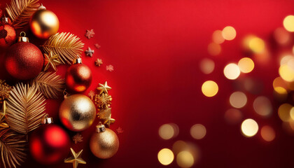 Tarjeta de felicitacion con adornos navideños rojos y dorados