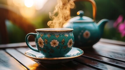 Fototapeta premium A steaming cup of tea in a floral patterned teacup sits on a wooden table, with a matching teapot blurred in the background.
