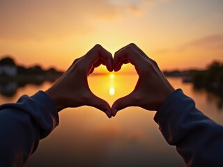 Hands Forming a Heart Shape at Sunset Over a Tranquil Lake, Capturing the Moment of Love and Warmth in Nature’s Beauty