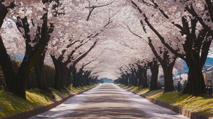 Enchanting Tree Lined Pathway in Blooming Scene