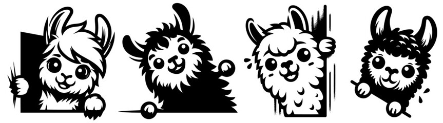 cute llamas peeking with playful expressions vector sketch
