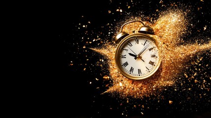 Golden Clock Surrounded by Midnight Confetti Explosion