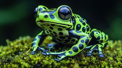 Obraz premium A vibrant green and black poison dart frog sits on a bed of moss, its large eyes staring intently at the camera.