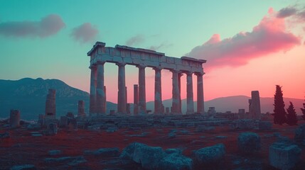 Obraz premium Ancient ruins of a temple at sunset with a pink and blue sky.