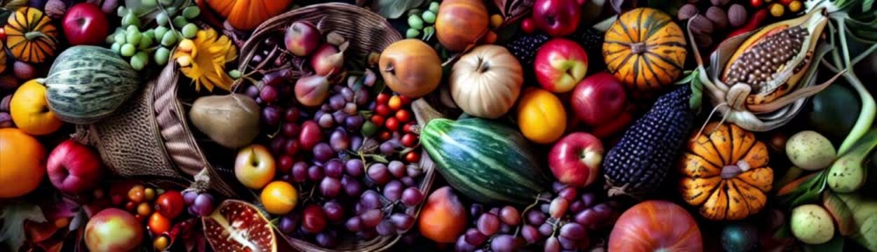 Harvest and abundance concept. Plenty of fruits, vegetables and berries. Autumn agricultural theme background