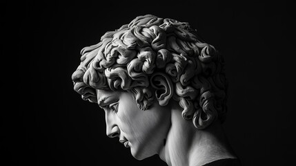 Gypsum statue of David's head, a close-up of Michelangelo's iconic masterpiece with intricate details of the facial features, set against a black background