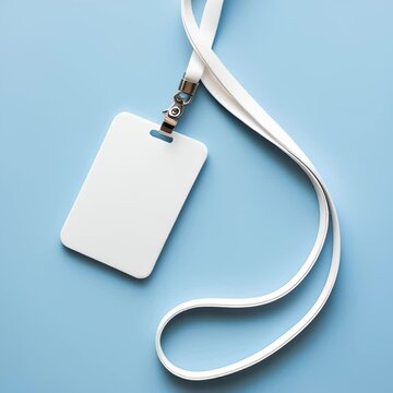 White lanyard and plastic badge with blank space mock up on blue background. Blank badge mockup