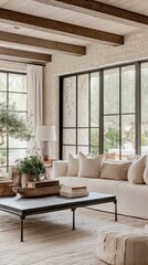 Cozy Farmhouse Living Room with Large Windows and Exposed Beams