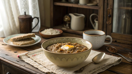 A bowl of hearty rye porridge topped with a dollop of butter served on a rustic wooden table with coffee and bread. Generative AI
