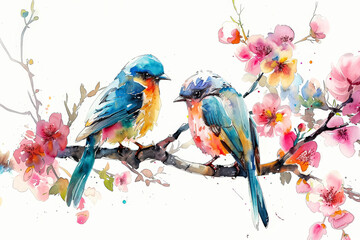 Fototapeta premium Two birds are perched on a branch of a cherry tree. The birds are blue and yellow. The cherry tree is pink and the background is white