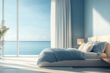 Beautiful decorated luxury hotel room with a large bed and sea view