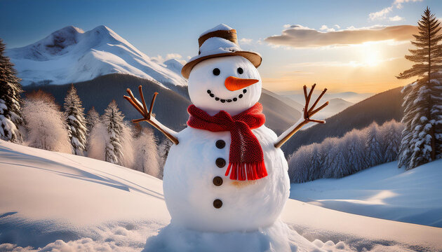 Mu&ntilde;eco de nieve con bufanda roja, sombrero y nariz de zanahoria en un paisaje nevado