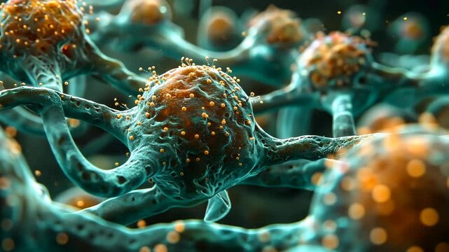 Neurons interconnect with bright synapses, showcasing intense activity. This vibrant display highlights the complex interactions within the brain tissue under study