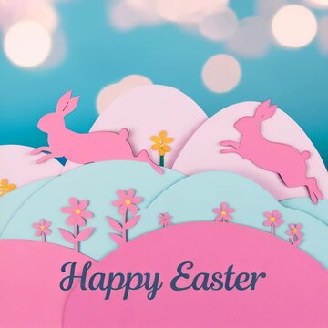 Easter greeting card. Pink silhouettes of bunnies hopping across pastel hills with the text Happy Easter