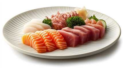 Delicate sashimi plate featuring fresh tuna, salmon, octopus, and garnishes displayed elegantly in a serene dining setting
