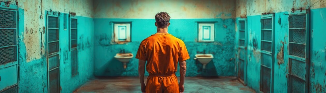 A prisoner in an orange jumpsuit stands in a turquoise prison bathroom.