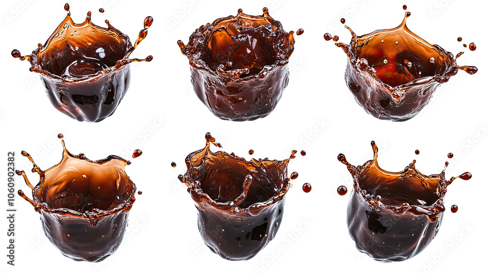 Poster cola splashes captured in a collection of dynamic isolated droplets generative ai