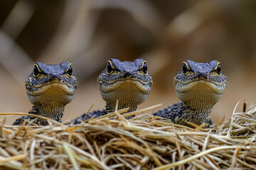 Obraz premium Three baby lizards are standing on a pile of straw. They are all facing the camera and appear to be curious about the photographer