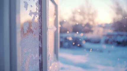 Frozen Window Pane with Sunlit Snow