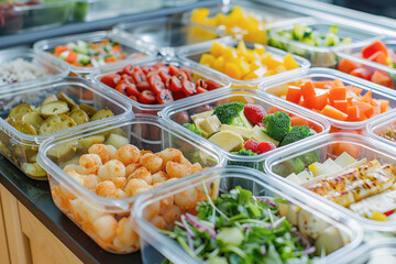 Obraz premium A healthy vegetarian meal packed in a container, showcasing fresh vegetables like cucumber and corn, perfect for take-away or delivery.