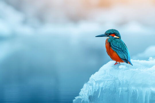 A stunning portrait of a kingfisher perched near frozen lake, showcasing its vibrant blue feathers and striking beak against a winter backdrop