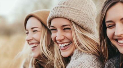 Fototapeta premium Happy women friends laughing and smiling outdoors with an autumn landscape in the background. A portrait of a female lifestyle.
