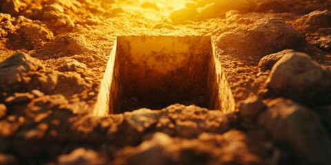 A freshly dug grave in the earth, bathed in the warm glow of the setting sun. The open hole is a stark reminder of life's fragility.