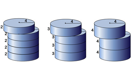  Cylinder volume formula, calculation. Slices, bases, parts find method. Circular right cylinder of height h and diameter. Geometry maths. Examples, coins Vector illustration