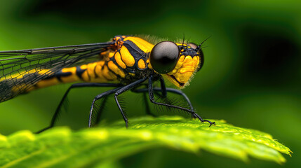 Fototapeta premium A close-up of a vibrant yellow and black dragonfly perched on a green leaf, showcasing its detailed features against a blurred background.