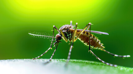 Fototapeta premium A close-up image of a mosquito perched on a leaf, highlighting its intricate body structure against a vibrant green background.