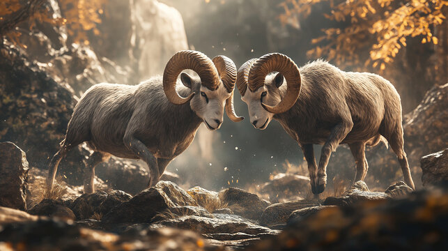 two rams with big horns dashing each other.