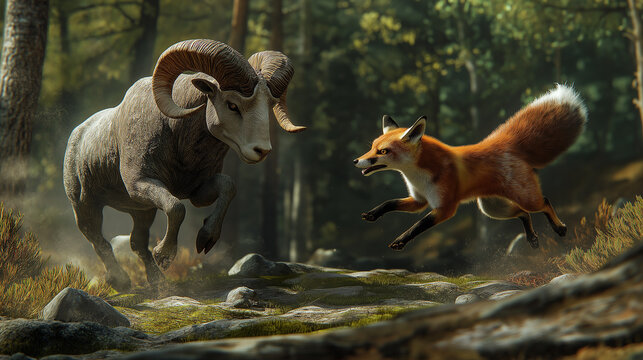 A ram and a fox fighting each other.