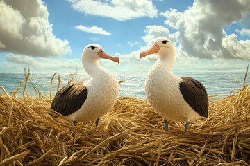 albatrosses are sitting on nest made of grass. Birds are white and black. Nest is in field with tall grass