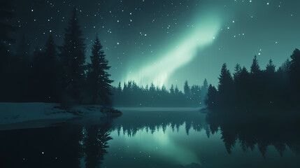 Green aurora borealis lights up a snowy landscape with stars in the night sky. Aurora Borealis Reflection. Illustration