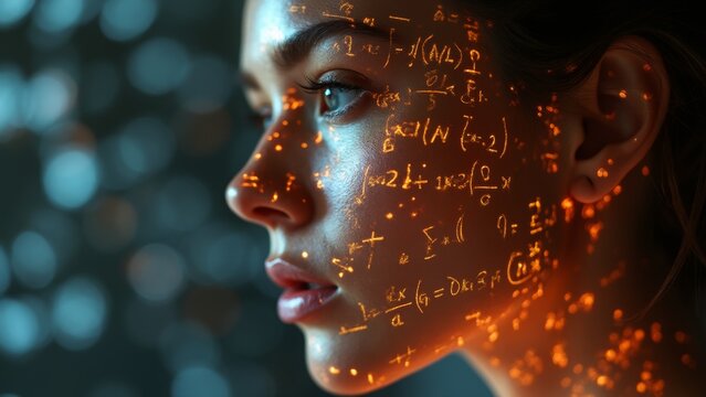 A Young Woman With Mathematical Equations Projected Onto Her Face Gazes Thoughtfully, Exploring Deep Concepts of Science and Art in a Modern Study