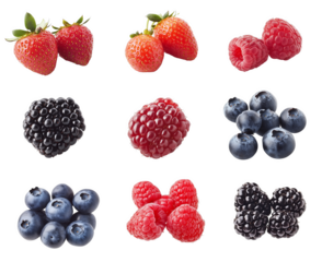 Assorted Berries with Even Spacing on White Background for Easy Editing
