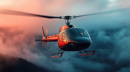 Helicopter Descending Through Misty Mountain Landscape