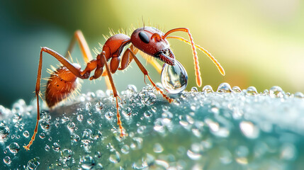 Naklejka premium A close-up of a red ant sipping water droplets from a green leaf, highlighting the intricate details of its body and the dew drops.