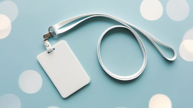 White lanyard and plastic badge with blank space mock up on blue background. Blank badge mockup