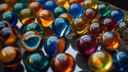 Colorful glass marbles arranged together on a reflective surface, creating a vibrant mosaic of hues in natural light