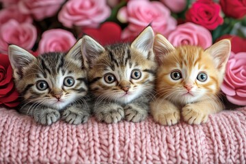 Cute Baby Cats with Pink and Red Hearts: Valentine's Day Photo